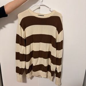 Brandy Melville Brown and Cream Striped Crewneck Sweater